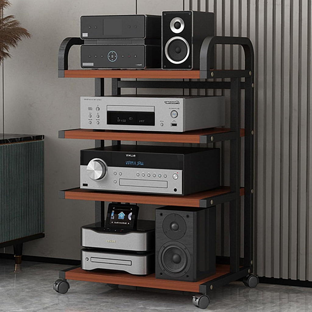 4-Tier Multimedia HiFi Stand with Wheels, Carbon Steel Audio Storage Shelf for Living Room & Bedroom, Stereo Component Rack, 90CM/35IN High, Adjustable Levels