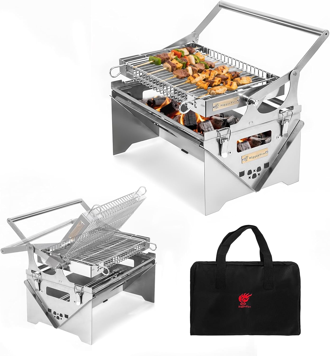 360° Rotating Barbecue Grill, Stainless Steel Flipping Barbecue Grills, Portable Camping Charcoal BBQ Grill Outdoor, Detachable Portable Charcoal Barbecue Grill for Picnic Yard Party