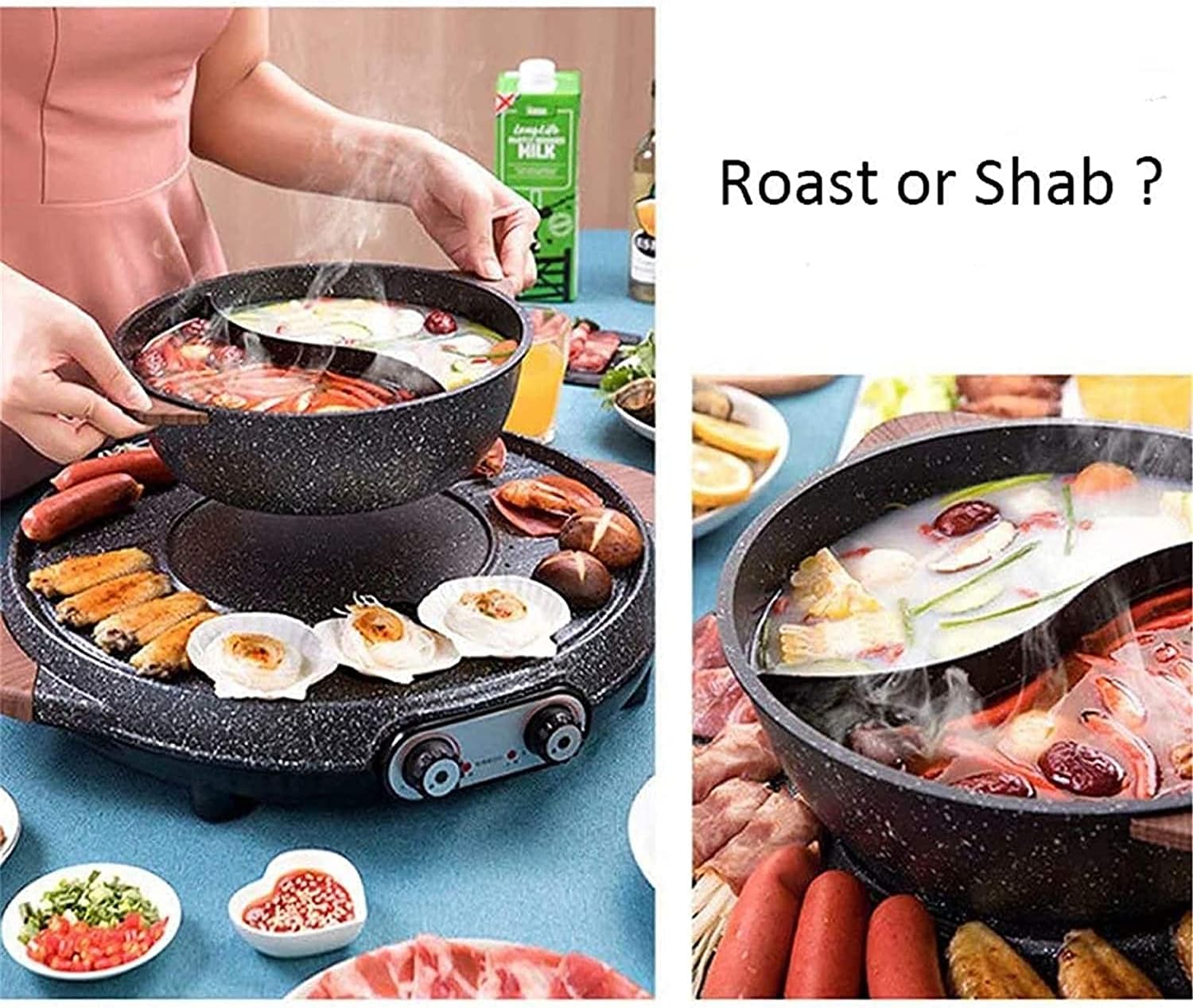Korean BBQ Grill Electric Grill Indoor Multifunctional Hot Pot Teppanyaki Intelligent Temperature Control Grill & Shabu Shabu Pot with Divider for Family Gatherings,2100W,