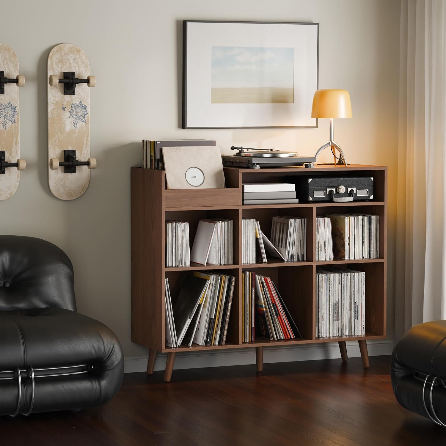 Cozy Castle Large Record Player Stand with Vinyl Storage Cabinet, Wood Turntable Table Open Shelf Holder Up to 500 Albums Cube Storage Organizer for Living Room, Office, Brown