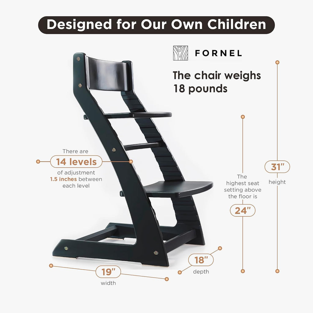 FORNEL Modern Black Wooden High Chair | Adjustable Grow-with-Me Toddler Seat for Age 3 to 15 | Perfect for Minimalist & Industrial Kitchens