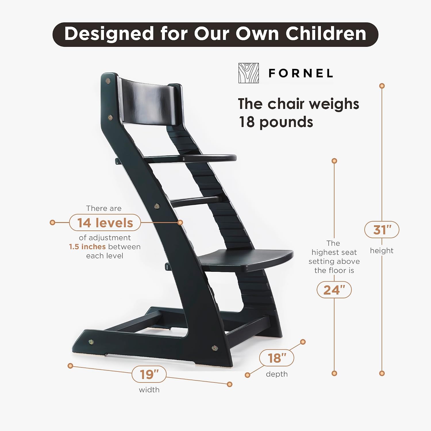 FORNEL Modern Black Wooden High Chair | Adjustable Grow-with-Me Toddler Seat for Age 3 to 15 | Perfect for Minimalist & Industrial Kitchens