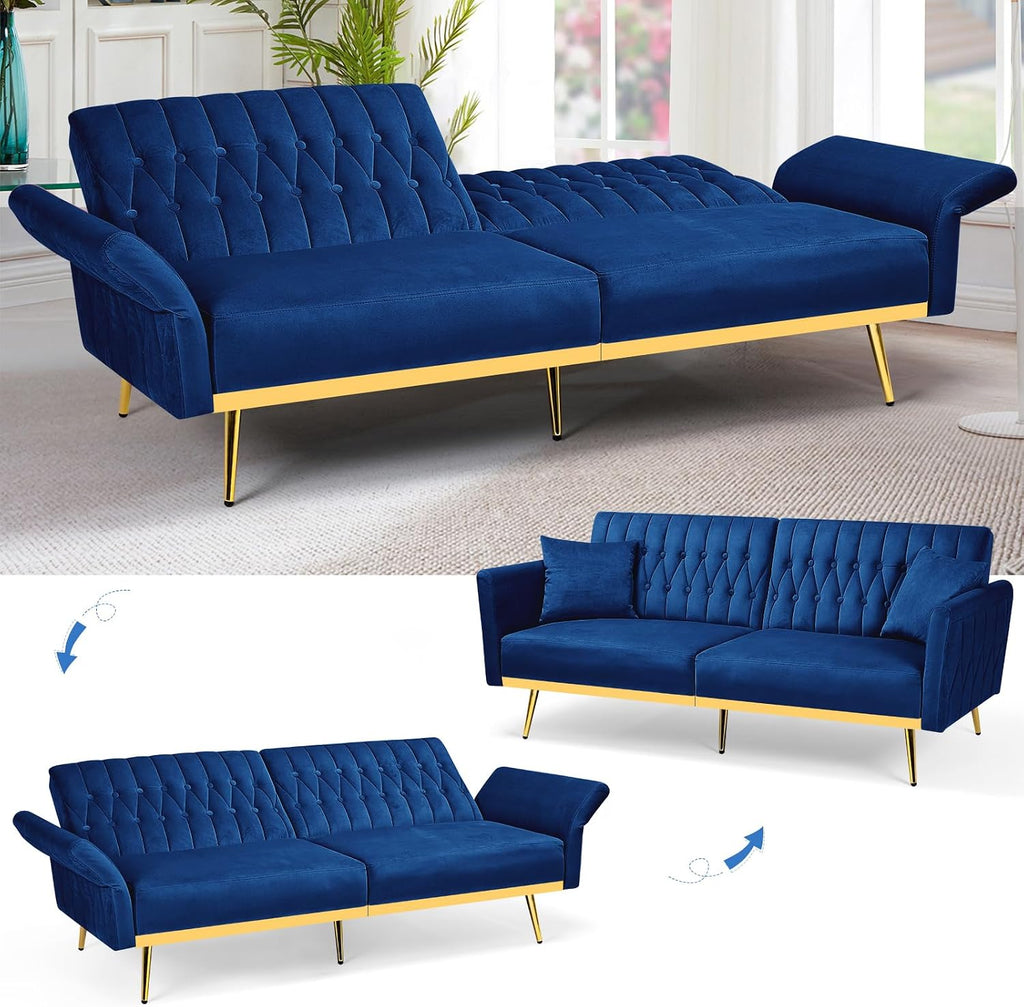 70' Velvet Futon Sofa Bed w/Adjustable Armrests and Backrest, Convertible Futon Couch w/2 Pillows, Modern Sleeper Bed for Living Room, Bedroom, Blue