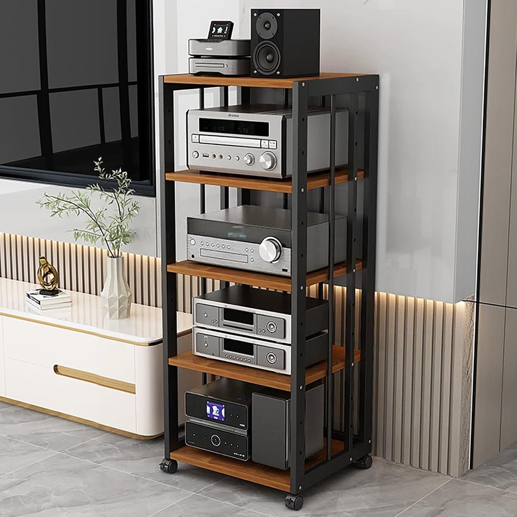 Adjustable AV Component Media Stand, 5-Tier Audio Video Rack Storage Cabinet, Steel Frame Stereo Shelf, 200 Kg Load Capacity, Black & Brown, 50x40x109cm