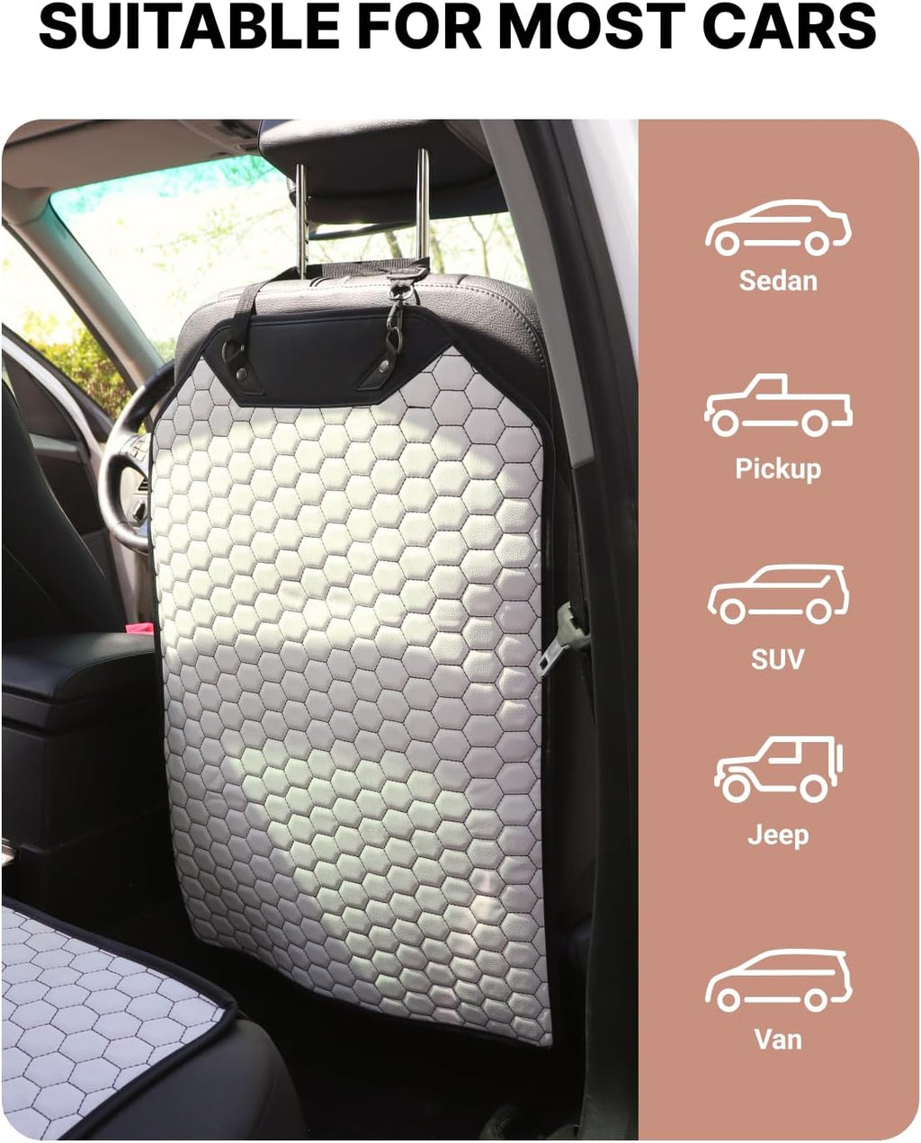 Owleys Set Seat Back Organizer & Car Seat Protector Hexy Waterproof & Non-Slip Protector for Child Car Cushion for Leather and Fabric Seats (White Set 2)