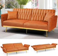 70' Velvet Futon Sofa Bed w/Adjustable Armrests & 2 Pillows, Convertible Futon Couch w/Adjustable Backrests, Modern Sleeper Bed for Living Room, Bedroom, Orange