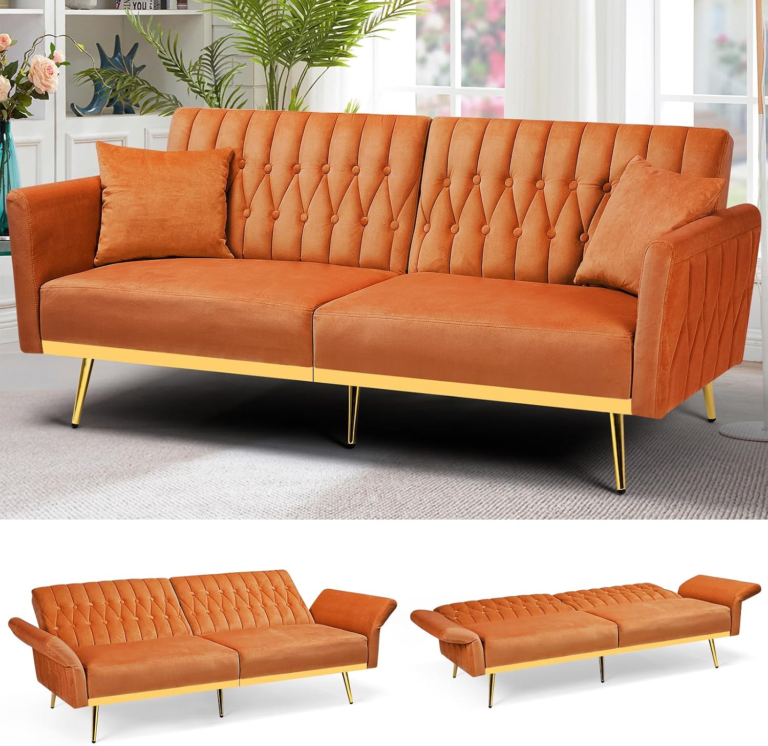 70' Velvet Futon Sofa Bed w/Adjustable Armrests & 2 Pillows, Convertible Futon Couch w/Adjustable Backrests, Modern Sleeper Bed for Living Room, Bedroom, Orange