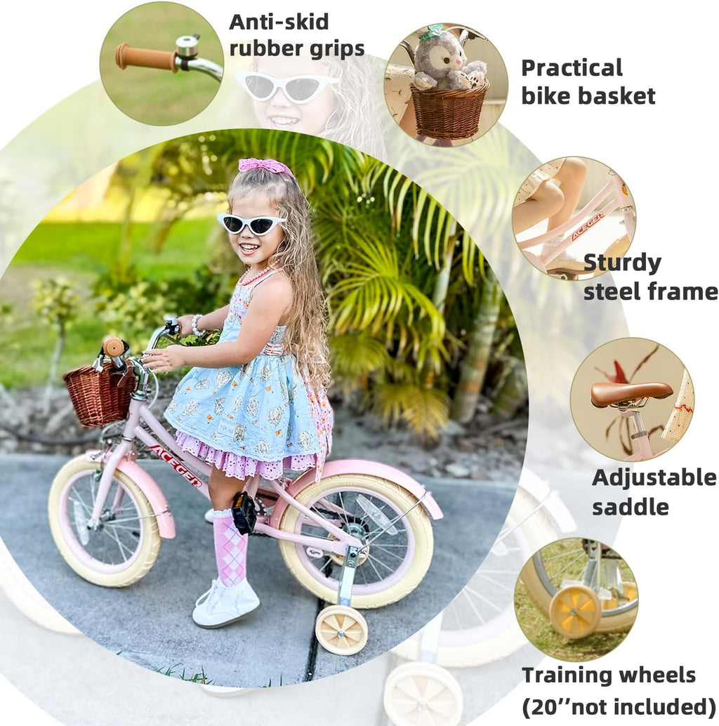 ACEGER Retro Princess Kids Bike with Basket for 3-12 Years Old Girls, Included Coaster Brake & Caliper Brake, 14 16 18 Inch with Training Wheels, 20 Inch with Kickstand, Vintage Bicycle for Gifts.