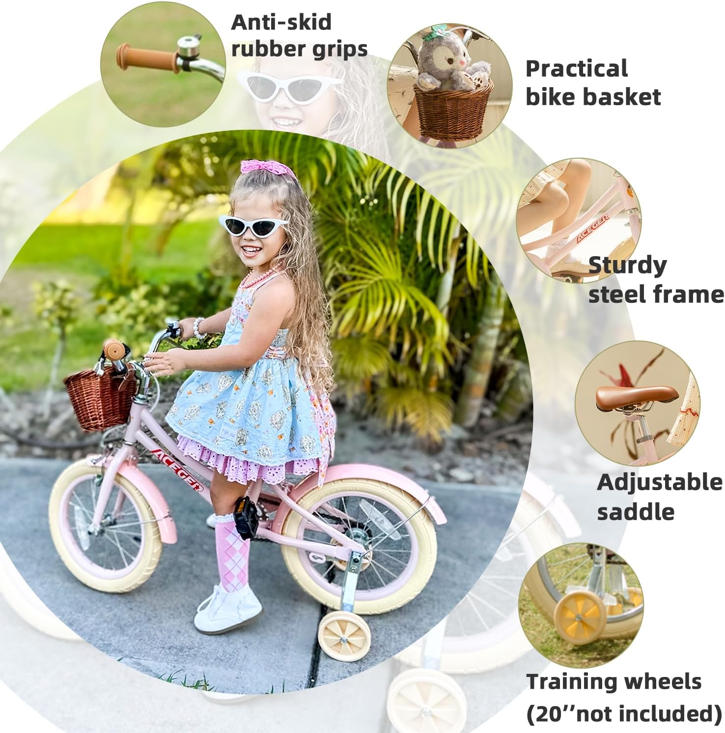 ACEGER Retro Princess Kids Bike with Basket for 3-12 Years Old Girls, Included Coaster Brake & Caliper Brake, 14 16 18 Inch with Training Wheels, 20 Inch with Kickstand, Vintage Bicycle for Gifts.