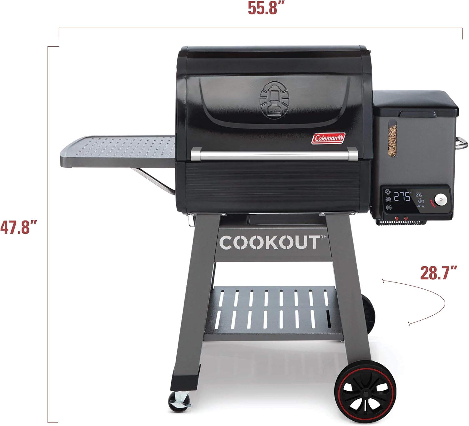 Coleman Cookout 1000 Pellet Grill with 1035-Sq. In. Total Cooking Surface, LED Digital Controller, Timer, 2 Meat Probes, and Side Shelf, Pellet Smoker Grill with Fully Insulated Lid in Black/Gray