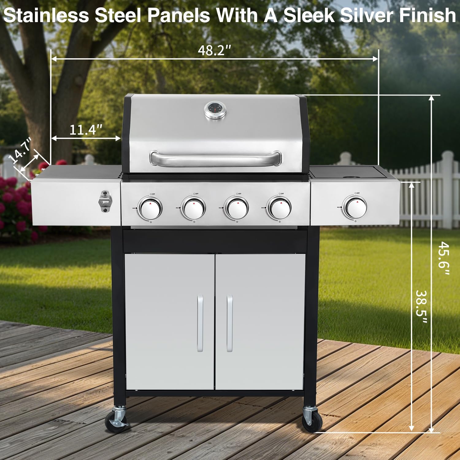 4 Burner Propane Gas Grill | 49,000 BTU Cast Iron Grill, Storage, Side Burner, Pullout Oil Drip Tray | Perfect for outdoor Cooking, Garden, Backyard and Patio