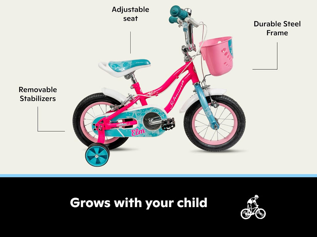 Schwinn Elm Bike, 12 Inch Bike for Kids Ages 2-4, SmartStart Ergonomic Design for Kids, Adjustable Seat Grows with your Child, Rear Coaster Brake and Front Caliper Brake, Training Bicycle