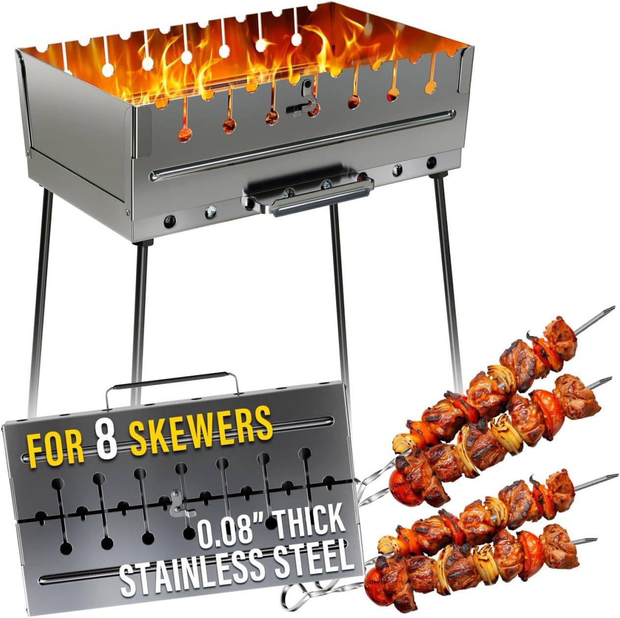 Stainless Steel Charcoal Grill for 8 Skewers – Portable BBQ 16.93'×11.81'×21.26' – Foldable Kabob Mangal – Rustproof Shish Kebab Grill for Outdoor Cooking (Skewers Not Included)