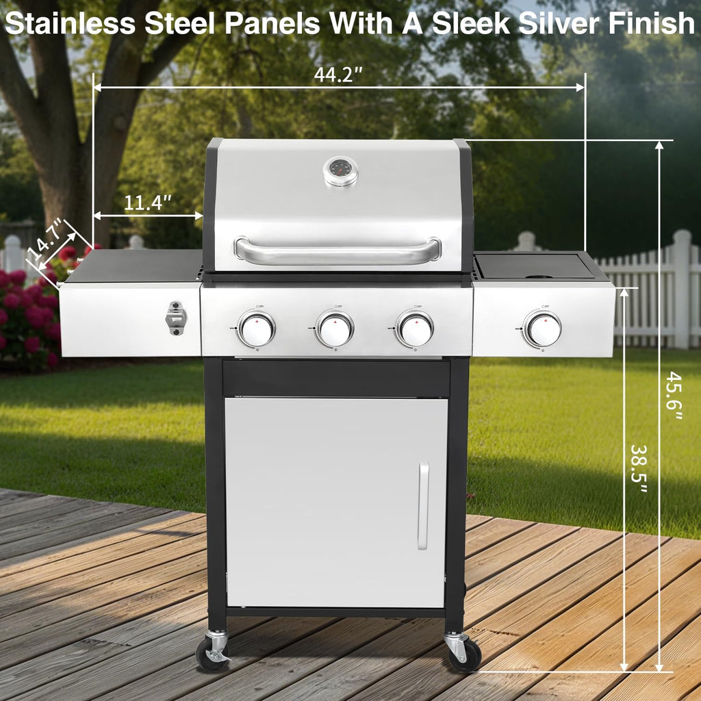 3 Burner Propane Gas Grill, Outdoor BBQ Grill with Side Burner, Barbecue Grill with Cast Iron Grate, Outdoor Gas Grill Cabinet Style Storage, 39000 BTU