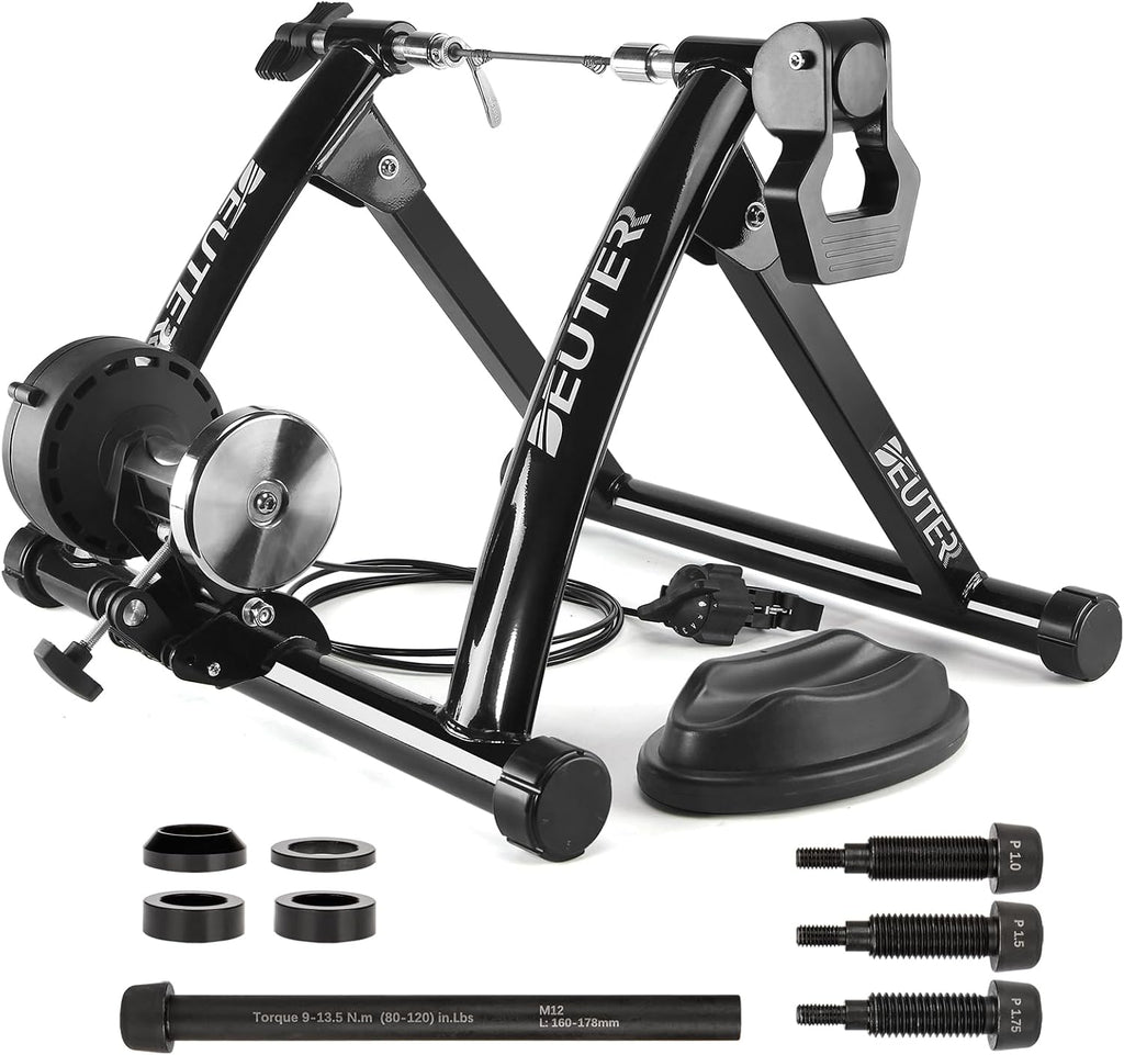 Bike Trainer, Magnetic Bicycle Stationary Stand for Indoor Exercise Riding, 26-29' & 700C Wheels, Quick Release Skewer & Front Wheel Riser Block Included