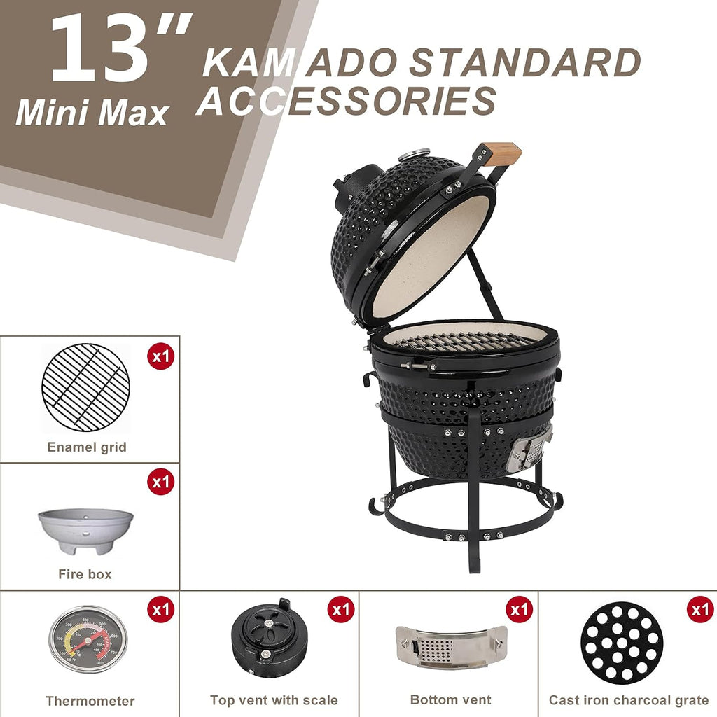 Outvita Ceramic Grill, 13' Round Kamado Charcoal Grill, Portable Barbecue Grill with Thermometer for Variations on Cooking Methods(Black)