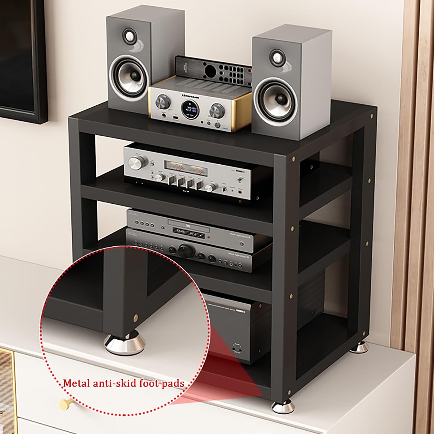 Black 3-Tier Audio Rack - Sturdy Stereo Stand, Multifunctional Media Storage Cabinet with Foot Pads, Open Design for Home Entertainment, 40x35x35.5cm