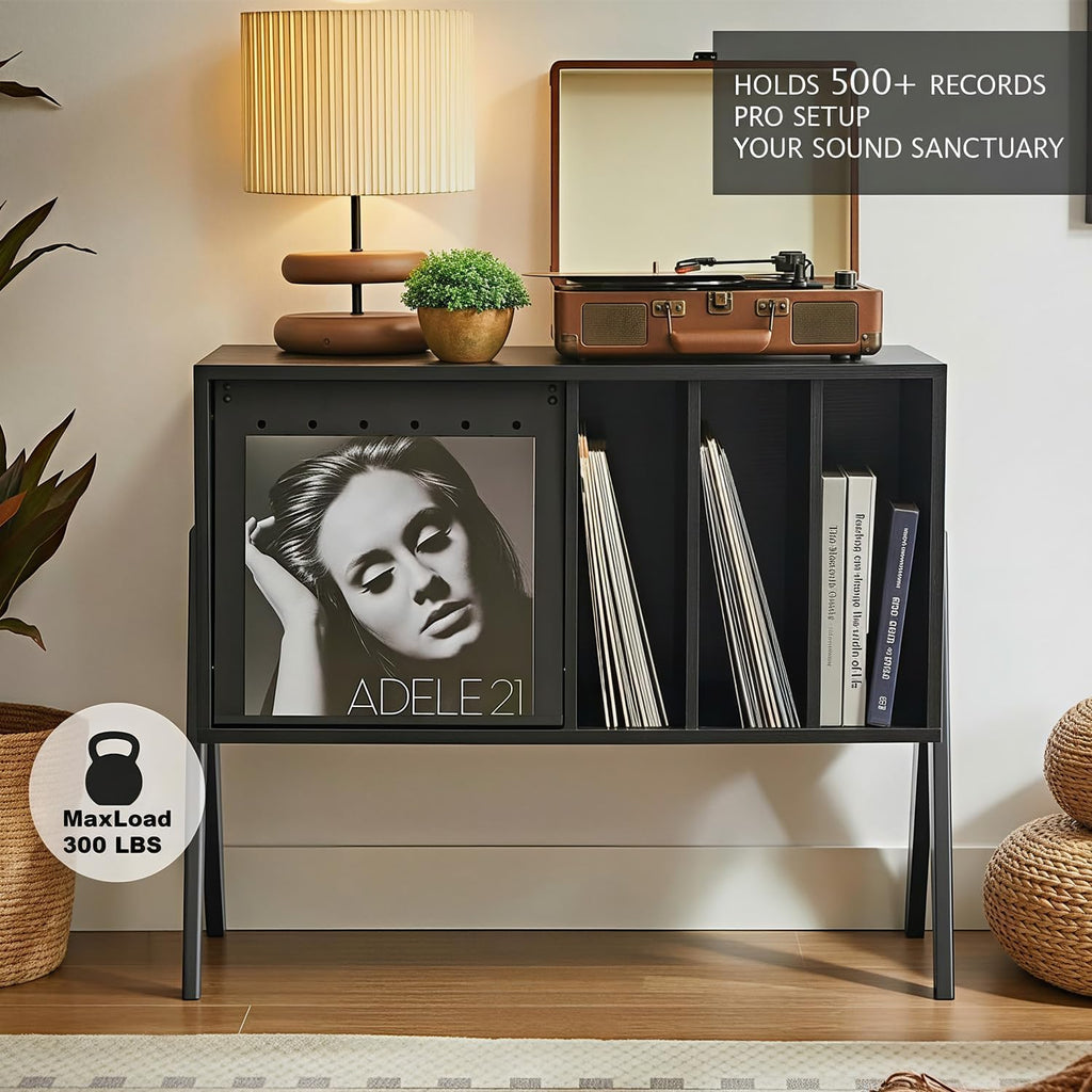 Record Player Stand with Vinyl Storage, 32' Turntable Stand with Flip-Up Album Display, Mid Century Modern Black Vinyl Record Storage Cabinet, Audio Media Console Table with V-Shape Legs