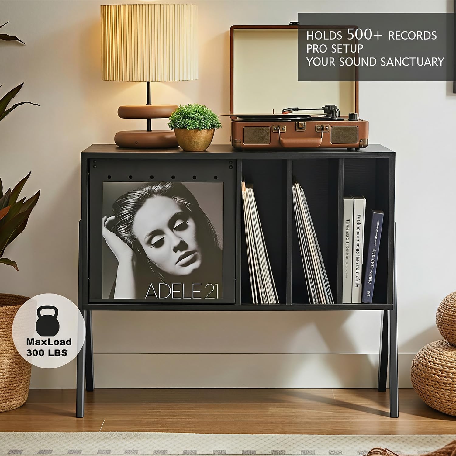 Record Player Stand with Vinyl Storage, 32' Turntable Stand with Flip-Up Album Display, Mid Century Modern Black Vinyl Record Storage Cabinet, Audio Media Console Table with V-Shape Legs