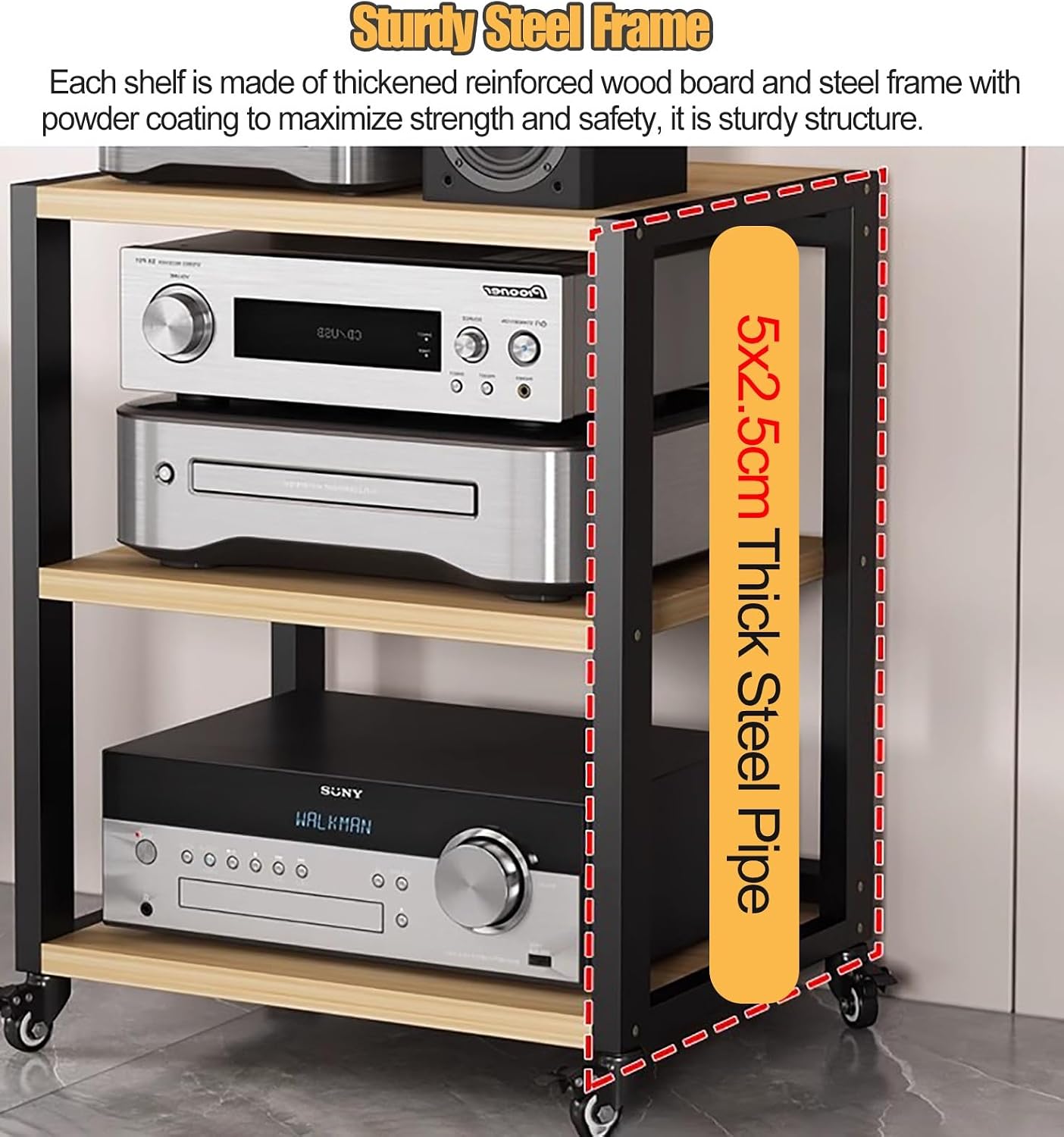 Rolling Audio Component Rack Tower Media Stereo Stand Equipment Shelf, Home Commercial Corner Entertainment Center, Stereo Shelf HiFi Audio Systems, 4 tier-80cm Tall