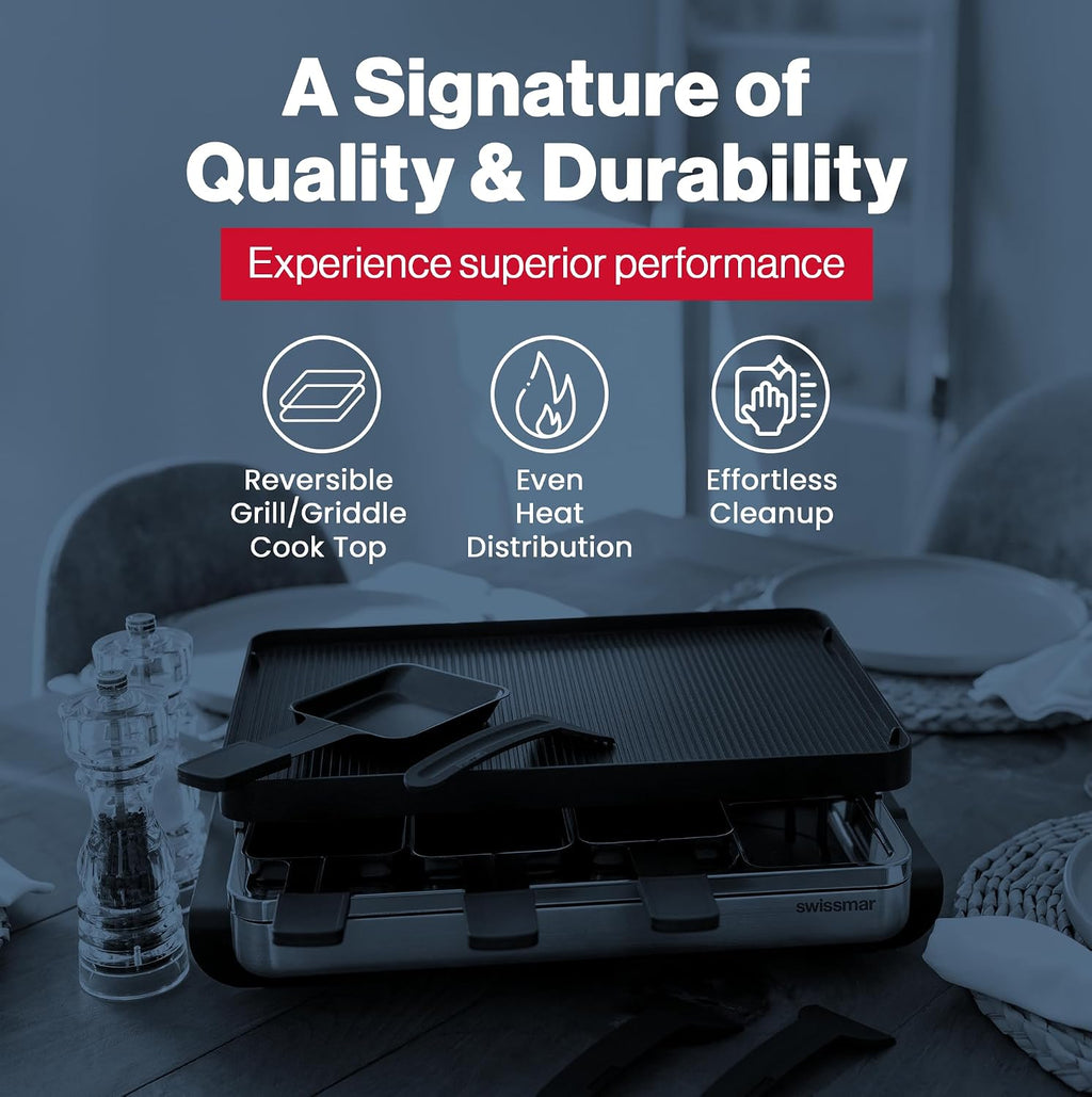Swissmar Classic Raclette Party Grill with Reversible Cast Aluminum Non-Stick Grill Plate/Crepe Top, Outdoor & Indoor Electric BBQ Grill, Samgyupsal Griller - Brushed Stainless Steel - 8-Person