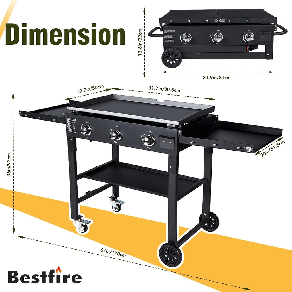 BESTFIRE Foldable Flat Top Grill, Outdoor Griddle-3 Burner Propane Griddle with Two Foldable Shelves,36' Flat Grills Outdoor-45,000 BTU Gas Grill for BBQ& Outdoor Cooking,Black