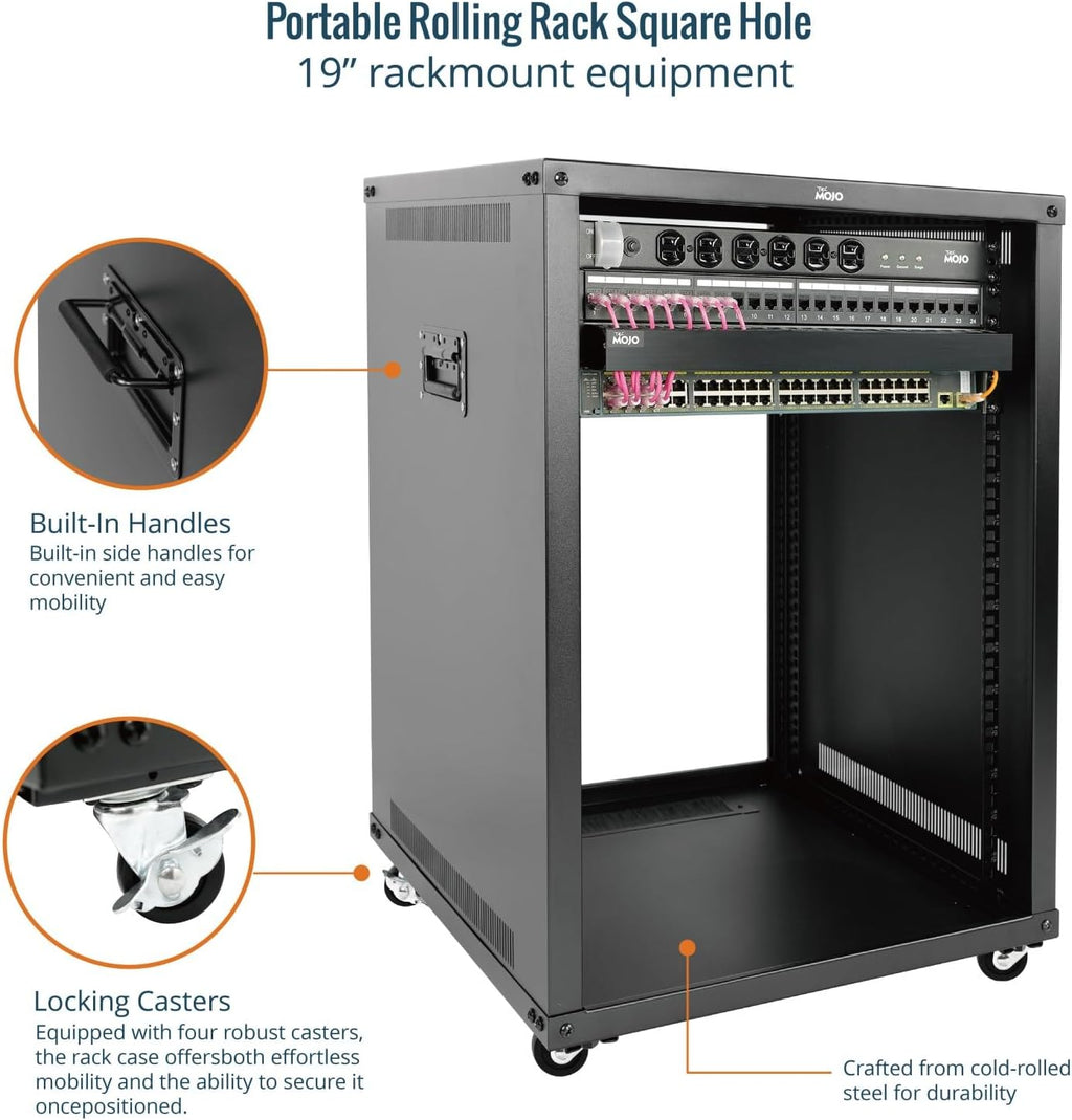 Tecmojo 15U Portable Rolling Network Rack, 4-Post Mobile Open Frame Server Rack with Wheels, Free Standing Server Cabinet for Computer/Data/AV/IT Equipment/Network Equipment