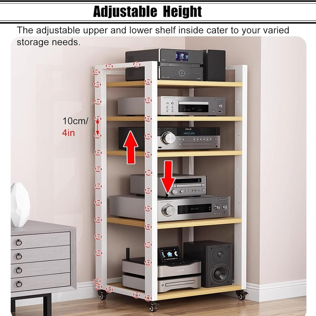 BABYCE 4 5 6 7 Tier Heavy Duty DVD Storage Media Shelf HiFi Racks Audio Equipment Rack Cabinet On Wheels, for Home, Black/White Modern Audio Rack Tower(Black,5-Tier)