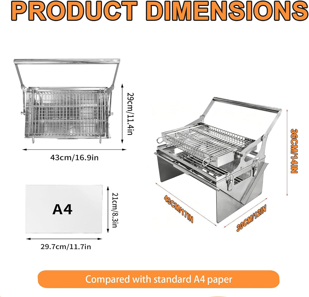 Portable 360°Rotating Charcoal Grill with Flipping Basket - 304 Stainless Steel Barbecue Grill for Camping, Tailgating, and Outdoor Adventures, Easy to Disassemble, Includes BBQ Bag New Upgrade