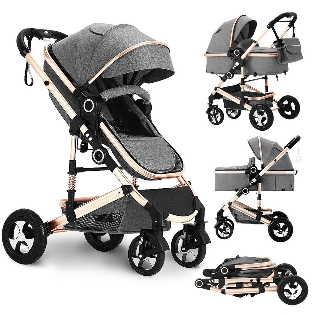 TODEFULL Convertible Baby Stroller, 3 in 1 Folding Infant Stroller, High Landscape Pushchair w/Adjustable Backrest & Canopy, Newborn Pram with Foot Cover, Storage Basket, Grey