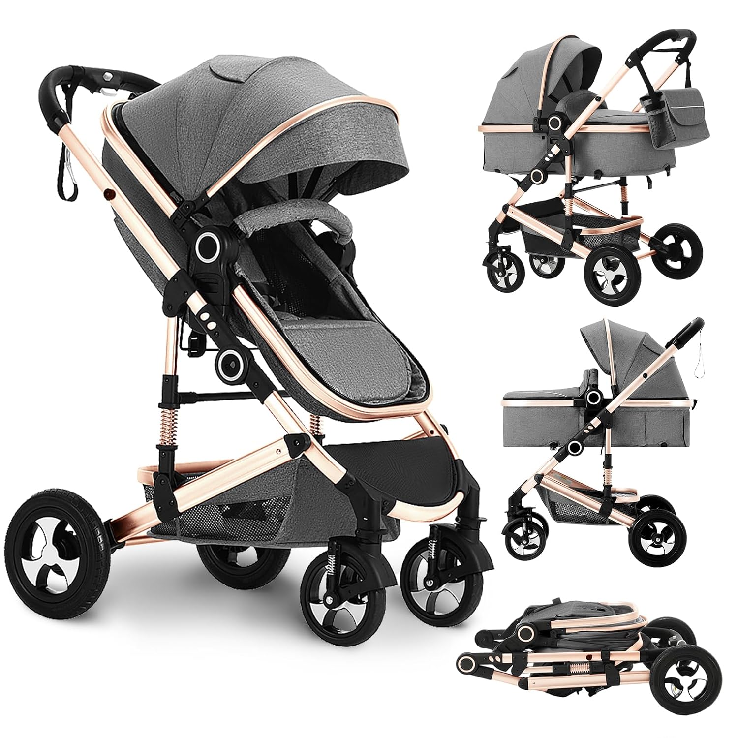 TODEFULL Convertible Baby Stroller, 3 in 1 Folding Infant Stroller, High Landscape Pushchair w/Adjustable Backrest & Canopy, Newborn Pram with Foot Cover, Storage Basket, Grey