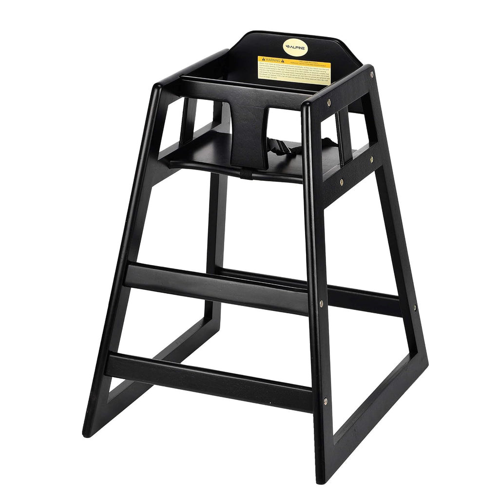 Alpine Wooden High Chairs for Babies and Toddlers with Safety Strap, Commercial Grade Restaurant High Chair, Durable Wood Space Saver Baby Feeding Chair, Ideal for Dining Spaces (2 Pack, Black)