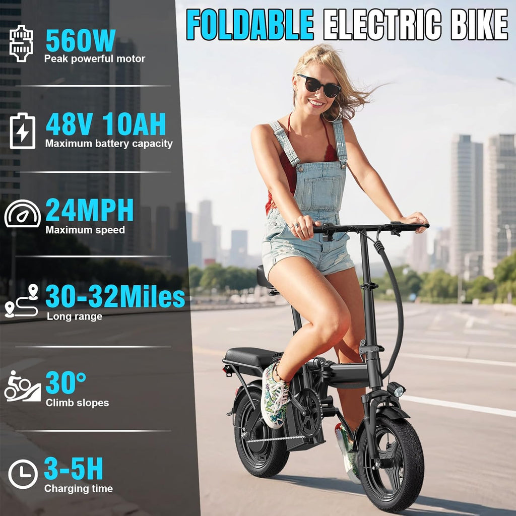 LELEKUAI Electric Bike for Adults and Teens, 520W-560W Motor, 20-24MPH, 32 Miles Range, 48V 10Ah Battery, 3-Level Pedal Assist, 14' Foldable Mini Electric Bicycle, UL 2849 Certified