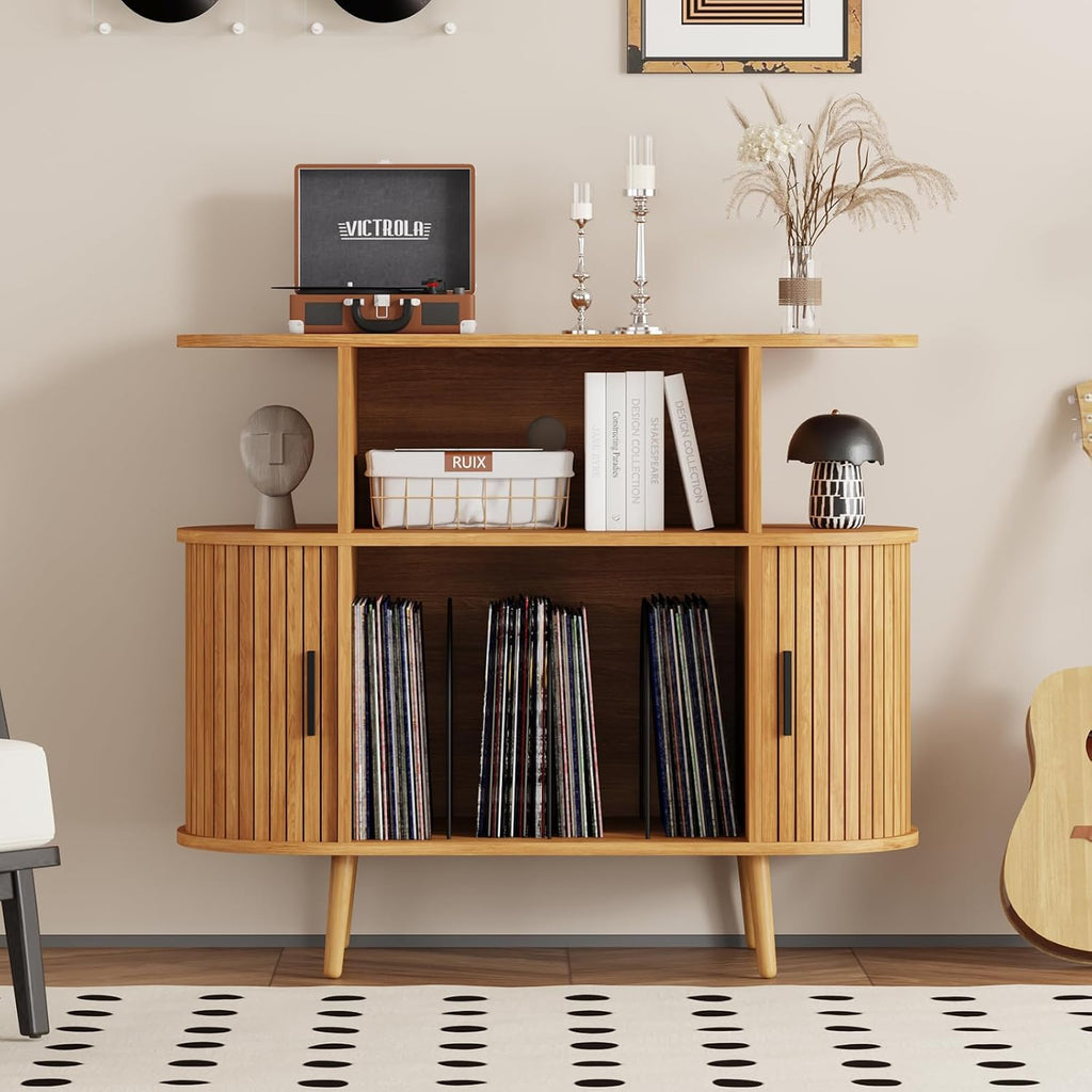 35.4' Record Player Stand with Storage - Vinyl Record Storage Cabinet & Media Console Holds 300+ Records, Mid Century Modern Turntable Stand for Living Room (Natural, 35.4')