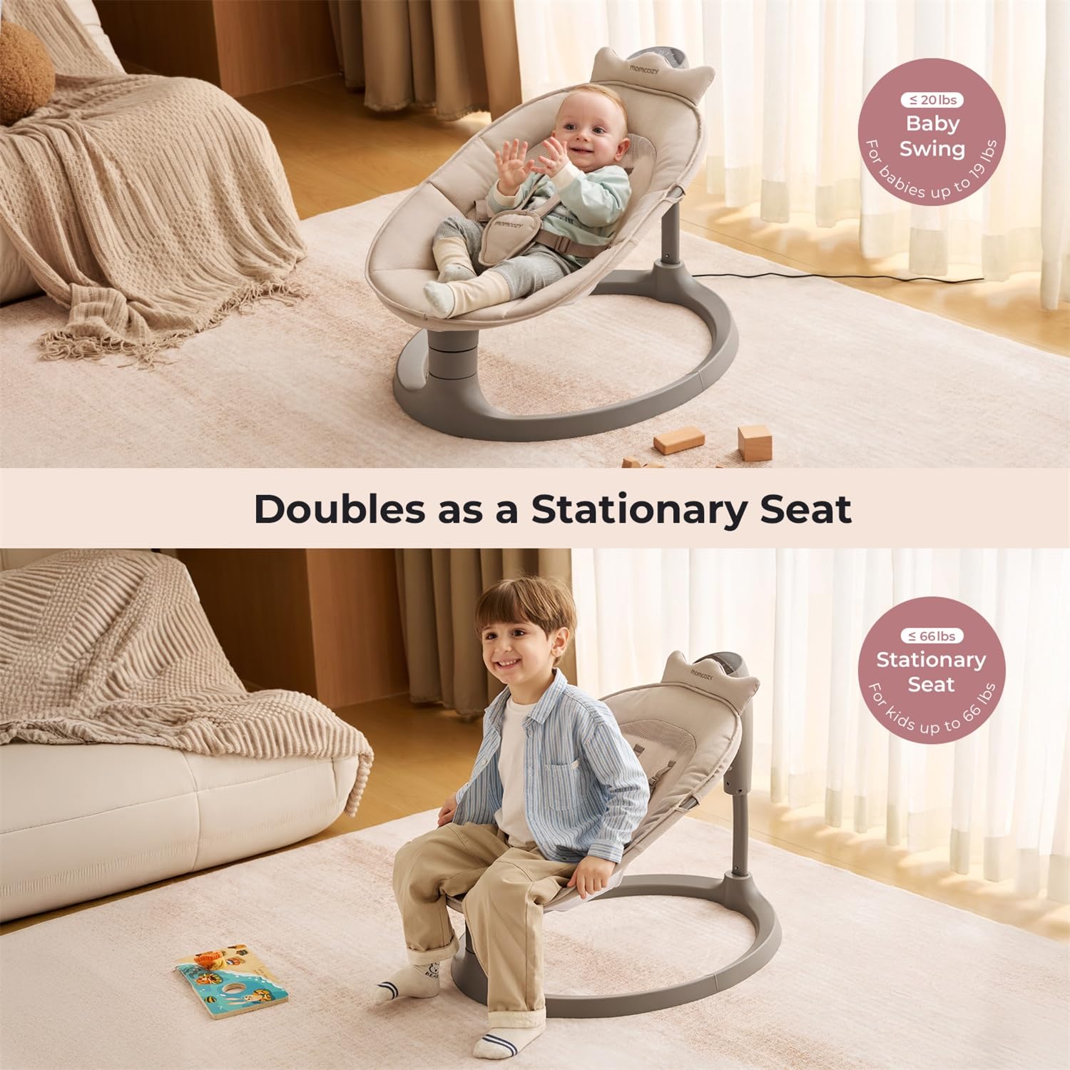 Momcozy 2-in-1 Electric Baby Swing, Dual-Arm Support System & Parent-Inspired Motions, Convertible to Toddler Seat up to 66 lbs, Adjustable Height, Lightweight, Khaki