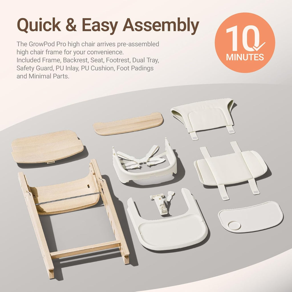 Mamazing GrowPod Pro Wooden Baby High Chair for 6 Months to 300lbs, Easy to Clean with Tray, Compact Foldable Highchair for Kitchen & Dining Room, with 5-Point Safety Harnesses and Guard Bar