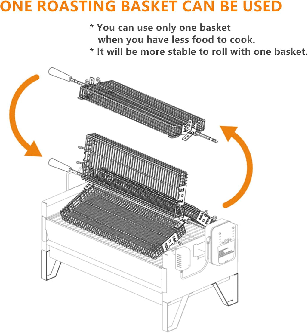 ONLYFIRE GRILLS 2 IN 1 Charcoal Grill Rotisserie Kit with 3 Stainless Steel Rotating Baskets and 24 In Grill Grate, Auto Swivel BBQ Roasting Machine for Outdoor Patio Backyard Barbecue, GS304