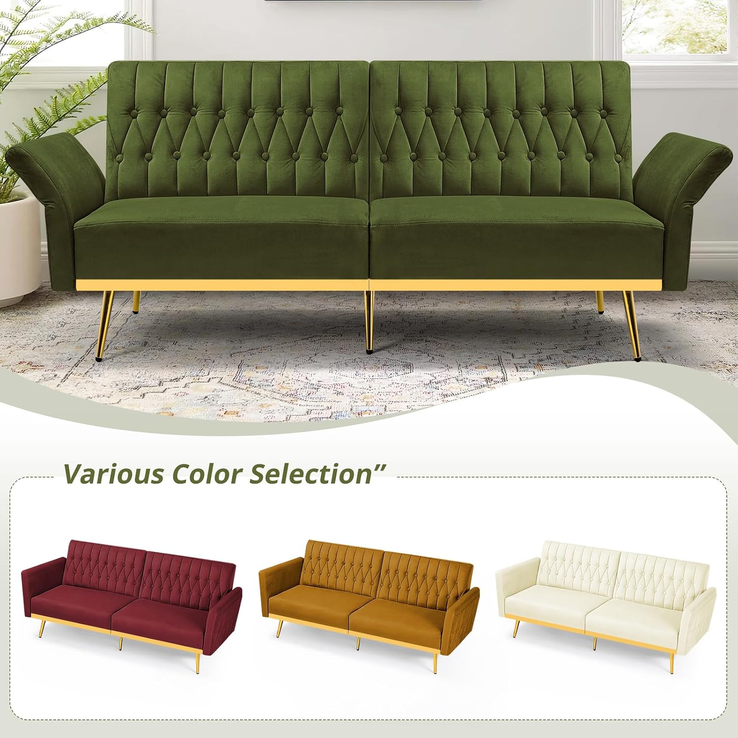 70' Velvet Futon Sofa Bed w/Adjustable Armrests & 2 Pillows, Convertible Futon Couch w/Adjustable Backrests, Modern Sleeper Bed for Living Room, Bedroom, Olive Green