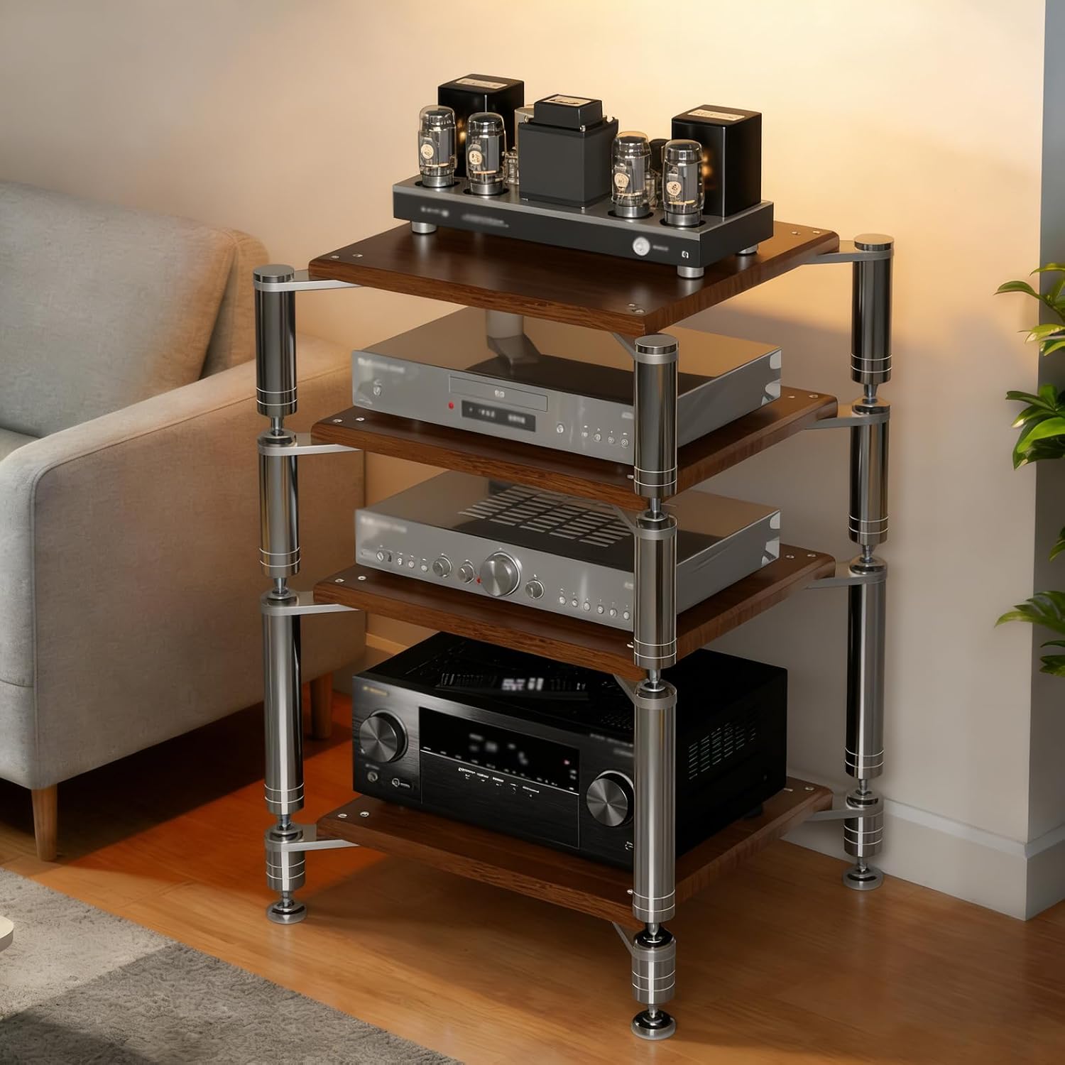 4-Tier AV Media Stand, Heavy Duty Audio Rack with Shock-Absorbing Foot pegs, Open Design av Stand, Multi-Layer Stereo Equipment Rack for Home, Office, Theater (Walnut, 4-Tiers)