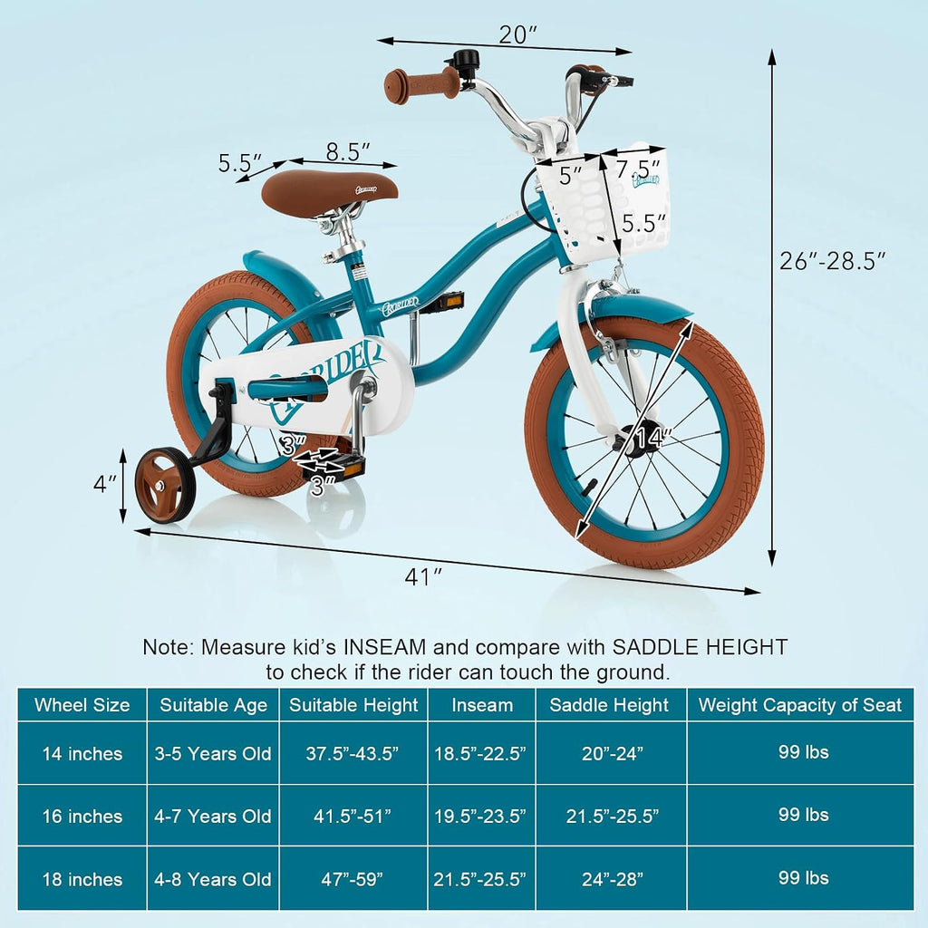 BABY JOY Kids Bike, 12 14 16 18 20 Inch Boys Girls Bike w/Adjustable Seat, Removable Basket, Handbrake & Coaster Brake, Training Wheels or Kickstand, Kids Bicycle with Multi-Color