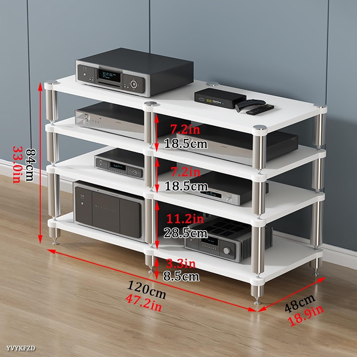 YVYKFZD 2/3/4-Tier AV Media Stand, Stand Audio Rack Corner Component Cabinet, Open Stereo Cabinet with Shock-Absorbing Feet, Power Amplifier Shelf Equipment(Size:White 4 Tier-47.2'X18.9'X33')
