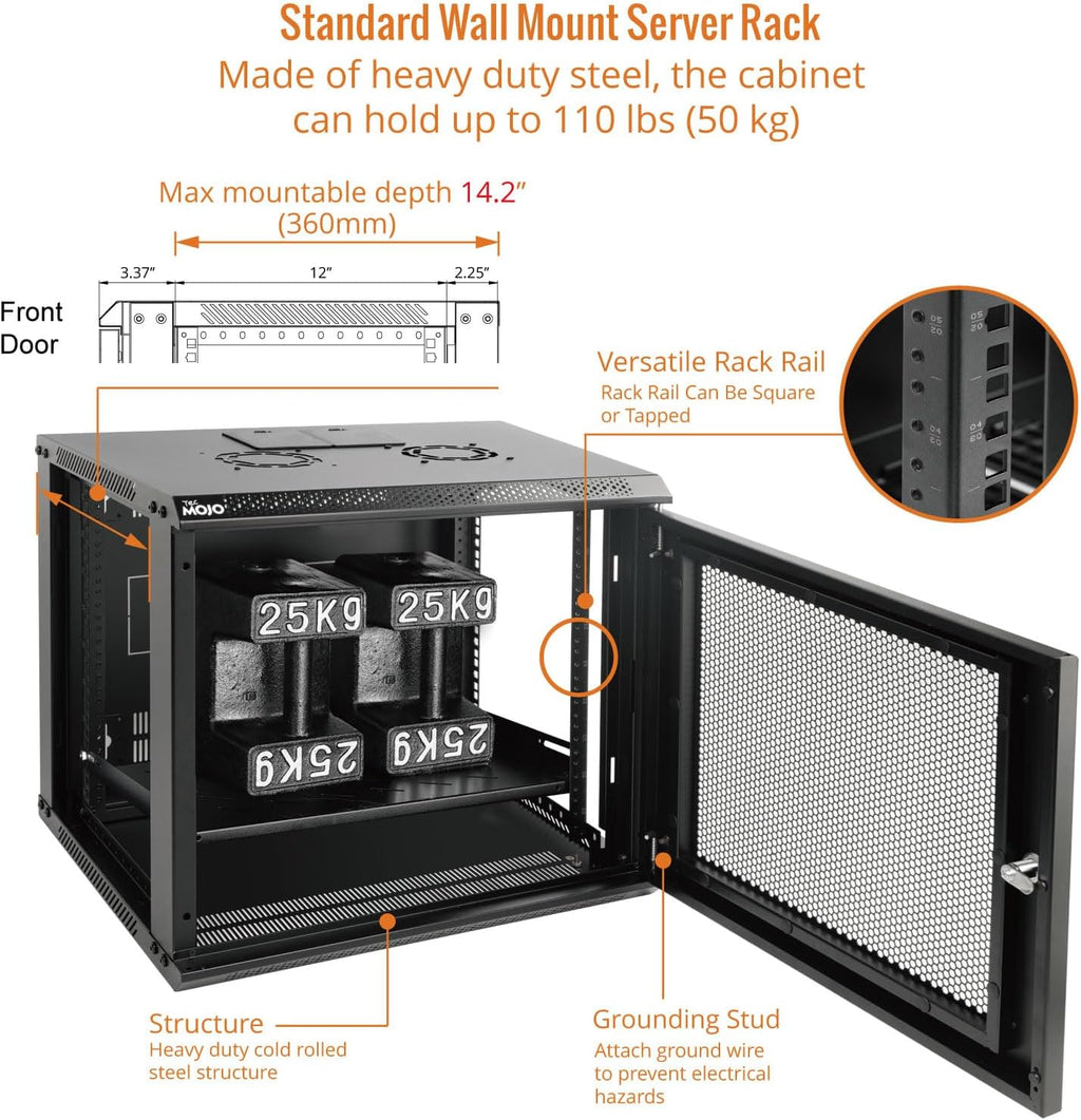 Tecmojo 9U Wall Mount Rack Network Cabinet for 19' IT Equipment,with Lockable Mesh Door and Side Panels,Cooling Fan,17.7inch Depth,Black