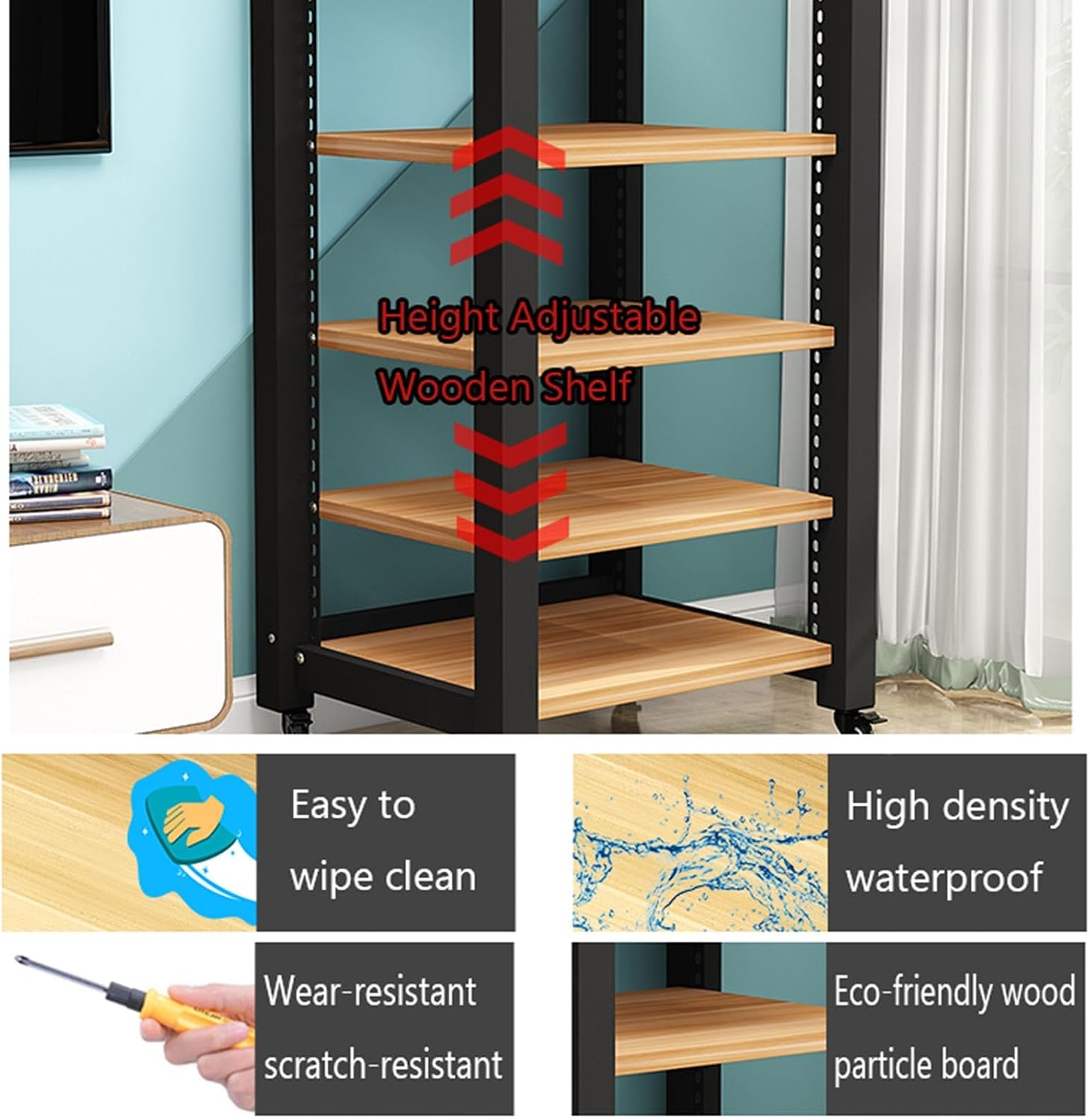 5-Tier Movable AV Media Player Stand Corner Audio Tower Component Cabinet Stereo Stand Adjustable Open Storage Rack with Wooden Shelves and Steel Frame for Home/Office/Theater (Color : A) (A)