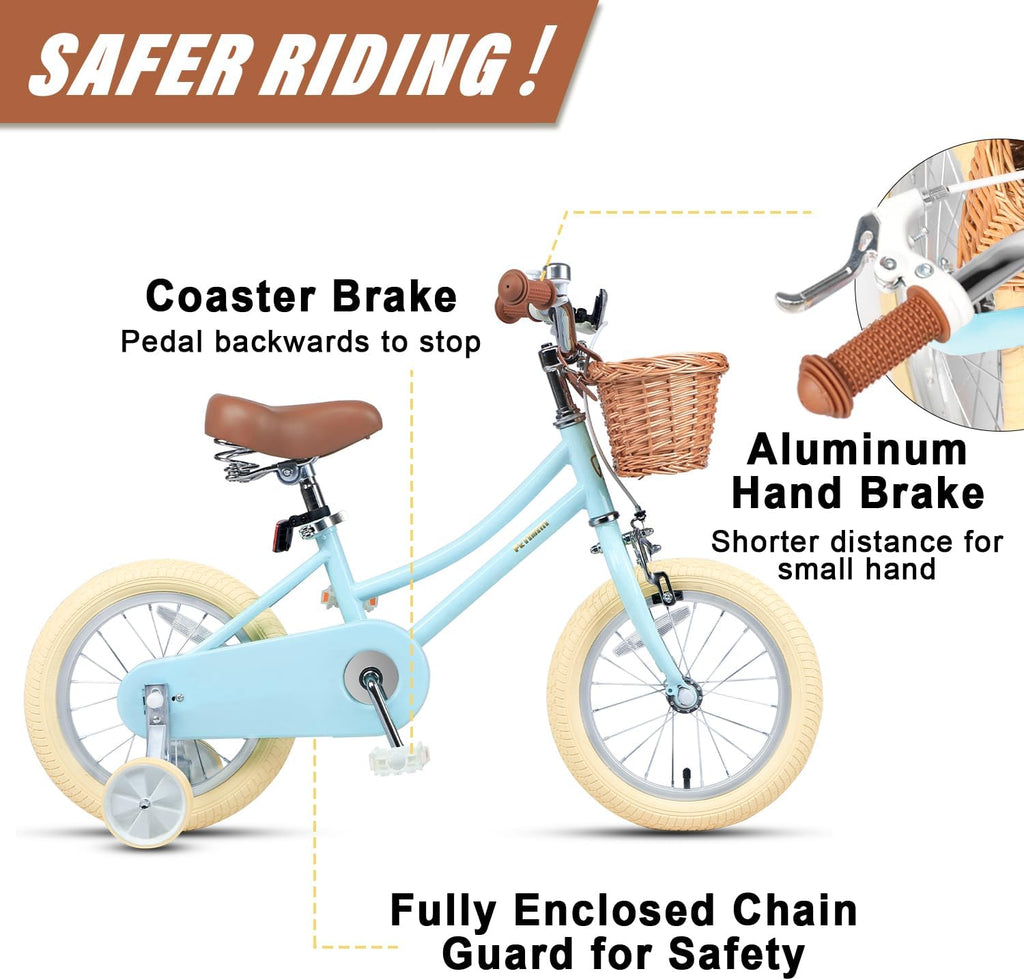 Petimini Vintage Kids Bike for Girls, 12–20 Inch Classic Bicycle with Wicker Basket & Bell, High Tensile Steel Frame, Training Wheels (12–18'), 85% Pre-Assembled, Retro Bike for Outdoor Riding