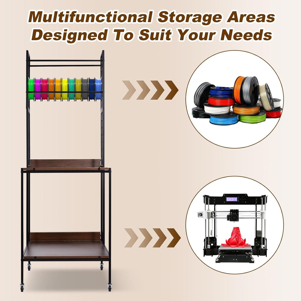 3D Printer Table Stand 2 Layer Rolling 3D Printer Filament Storage Desk Rack Heavy Duty Mobile Table with Feet & Locked Wheels for PL.A ABS PET.G Studio Office Workshop Storage Organization