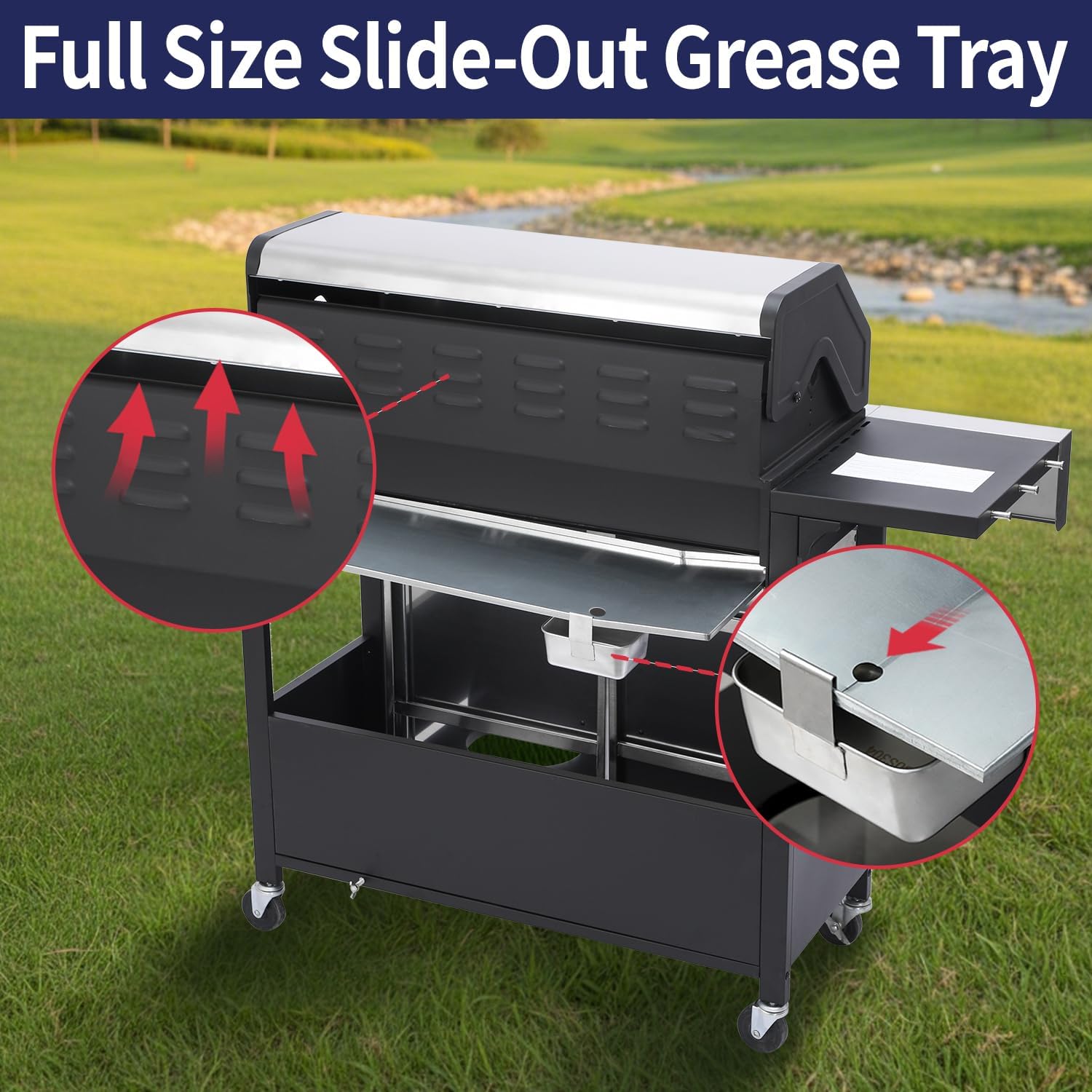 69000 BTU Output Propane Gas Grill with Side Burner and 6 Main Burners - Double-layer Stainless Steel Lid, Cast Iron Grids and Plate, Easy-Clean Grease Management for Perfect BBQs