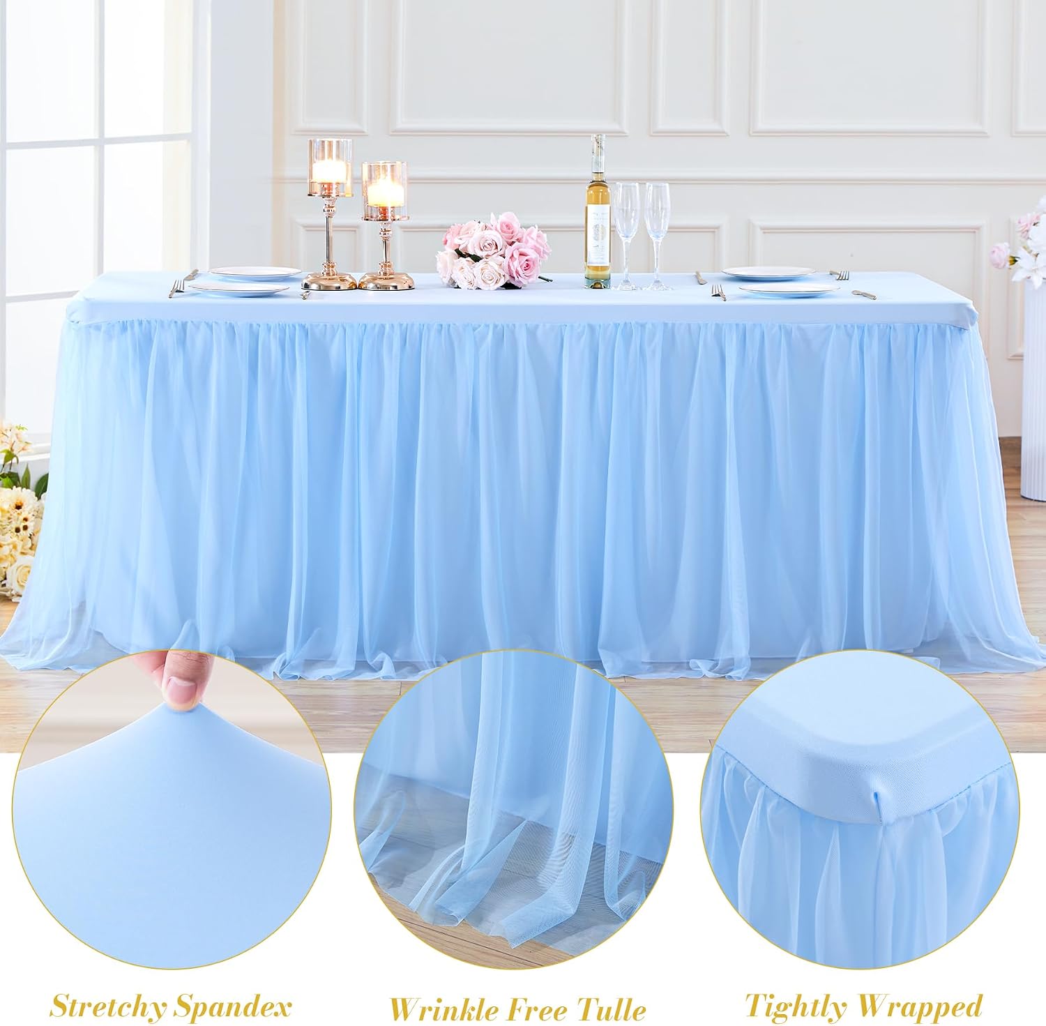 6 Pack Baby Blue Table Cloth for 6 Foot Rectangle Tables, Stretch Fitted Tulle Table Covers Skirt, Rectangular Ruffle Tutu Tablecloth Wedding Baby Shower Baby Shower Cake Tablecloths