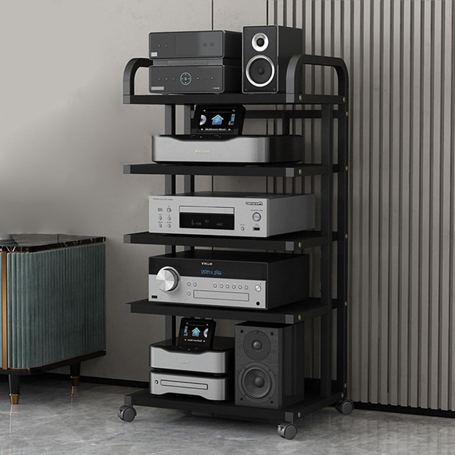 3/4/5-tier av media stand,stereo cabinet,audio rack,audio-video shelving,stereo stand,audio stand,av cabinet,stereo stands for living room,audio rack cabinet,stereo rack,audio cabinet,media rack(Black