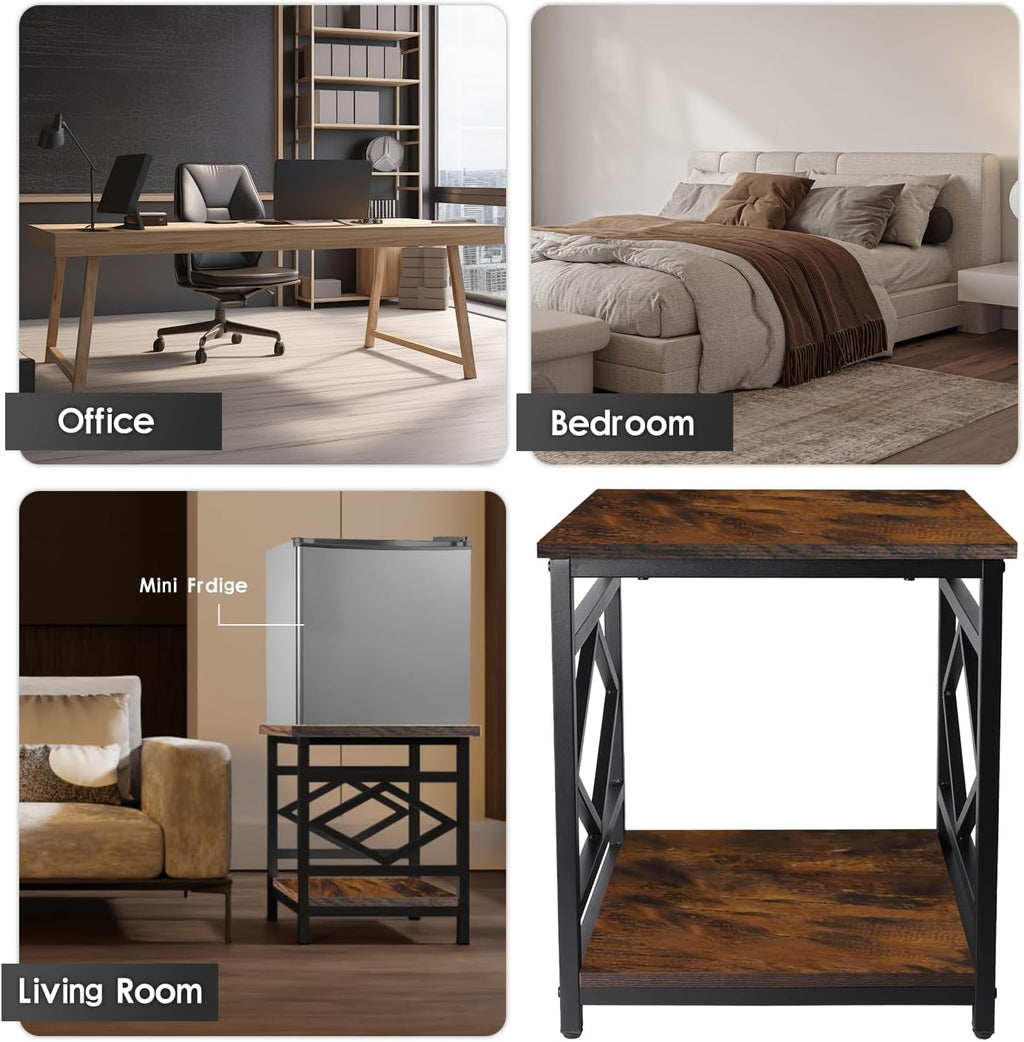 HODGSON Industrial End Table Side Table with Storage 18' *18', Square Wood End Table Stand for Mini Fridge Living Room Bedroom Room Corner Dorm Night Stand with Storage Metal Frames