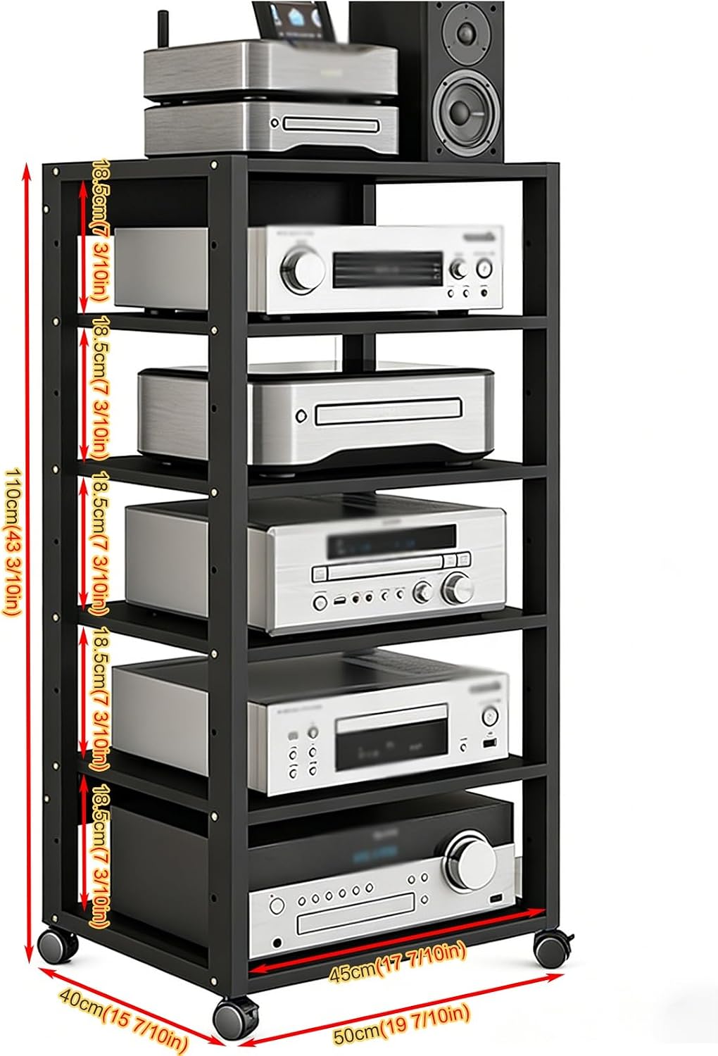 YLLFFLL Black Audio Component Rack Tower Media Stereo Stand Equipment Shelf, 3/4/5/6/7 Tier Media Storage Cabinet with Adjustable Shelf, HiFi Units Furniture(6 Layer)